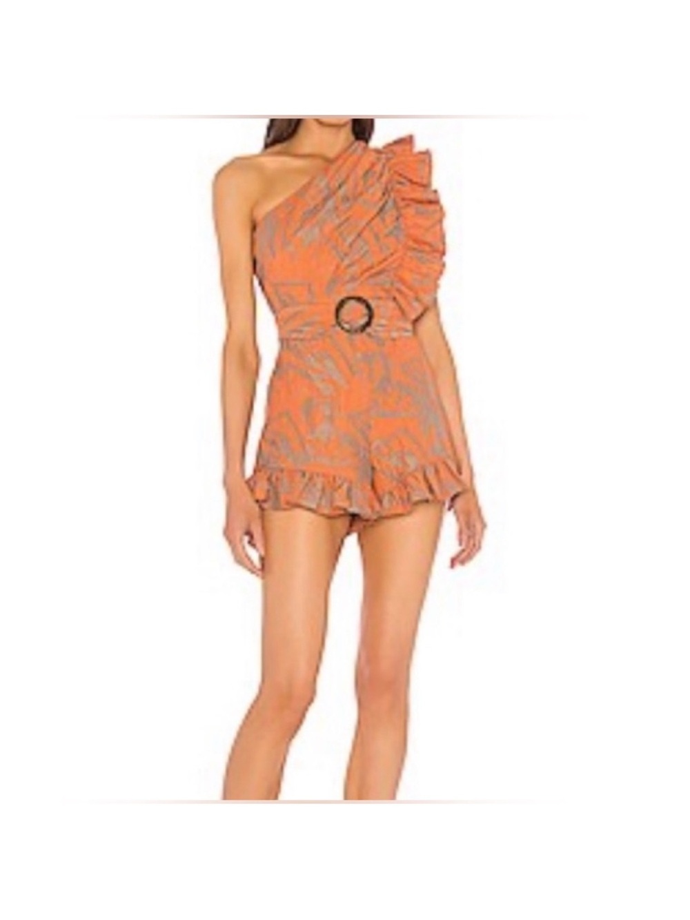 Alexis One Shoulder Romper small Coral / Orange and taupe print